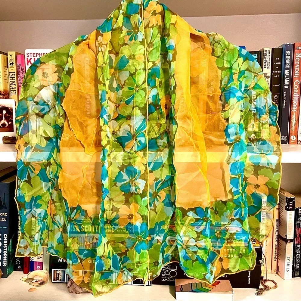 Glentex 100% Silk Vintage Scarf Hand Rolled Japan Floral Green Blue Orange Large
